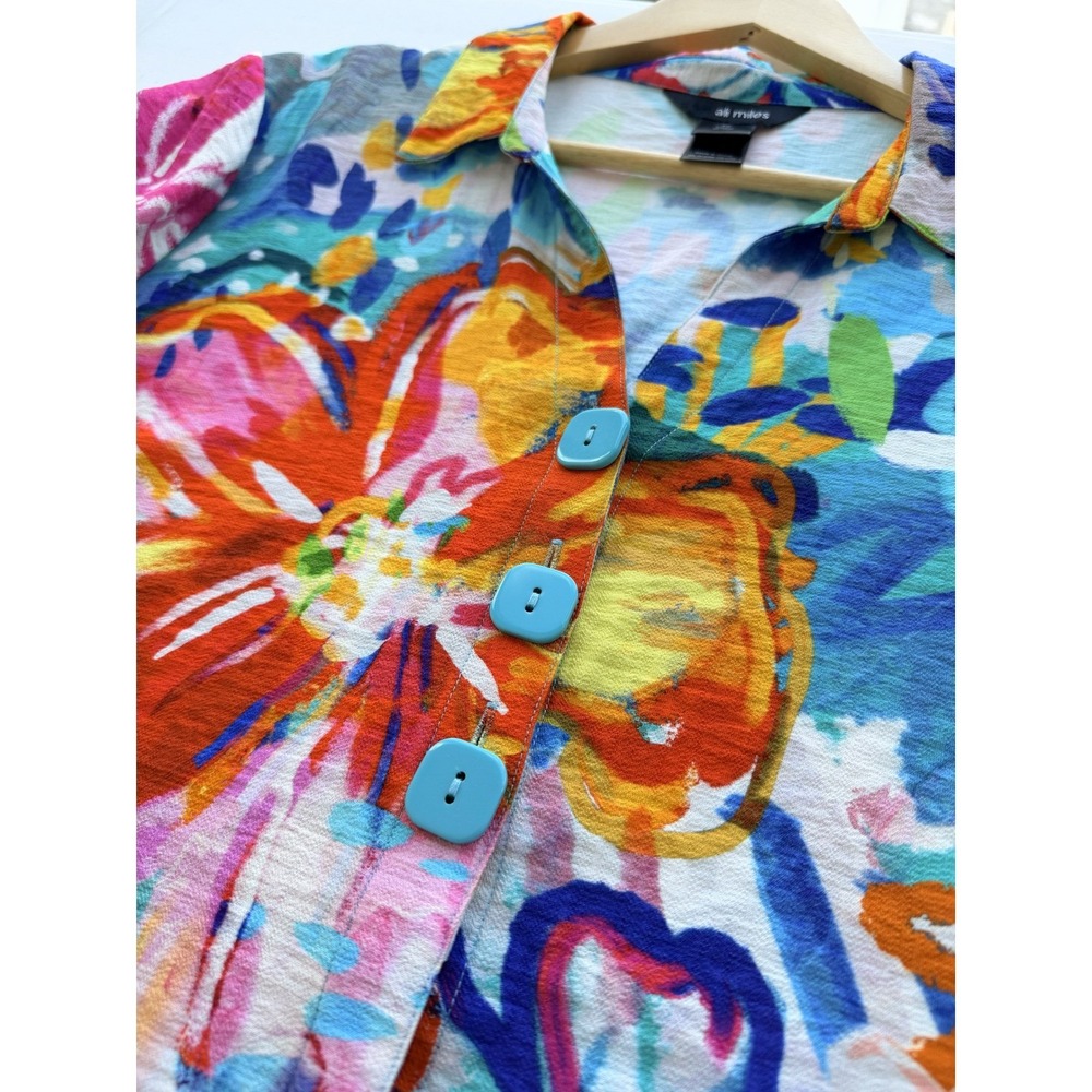 Women's Colorful Abstract Floral Button Up Shirt Ali‎ Miles Tunic Art to Wear 2X
